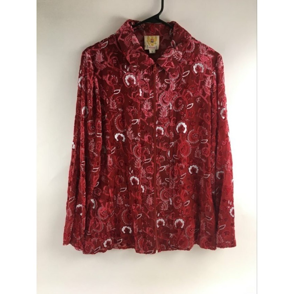Ameri Mode Shirt Women's Size S Velvet Floral Full Zip Long Sleeve Sheer Detail